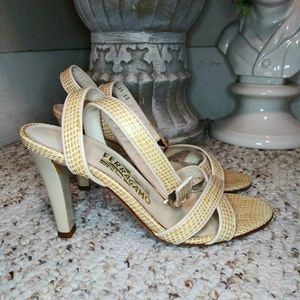 Vintage Salvatore Ferragamo Cream Croc Embossed Ankle Wrap High Heeled Sandals